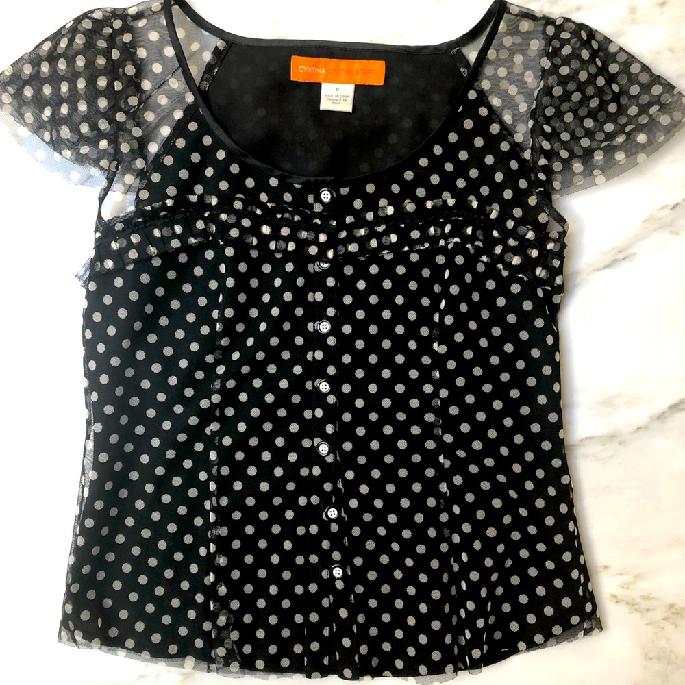 Cynthia Steffe Top, Polka Dot, Sheer Cap Sleeves, Feminine